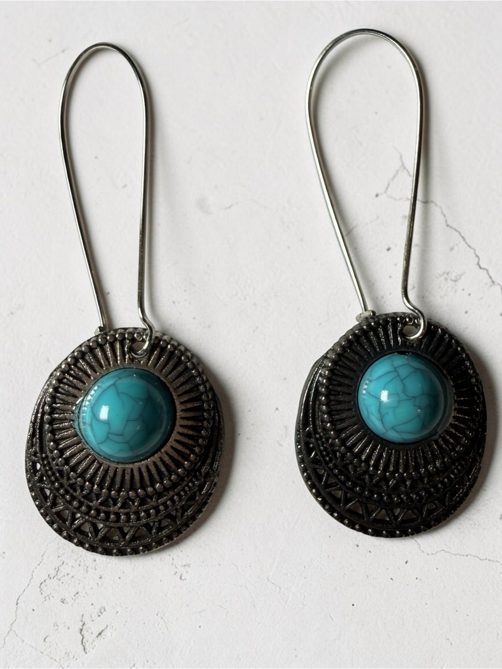 Turquoise Dangle Earrings Southwestern Boho Antiqued Silver Filigree Medallion